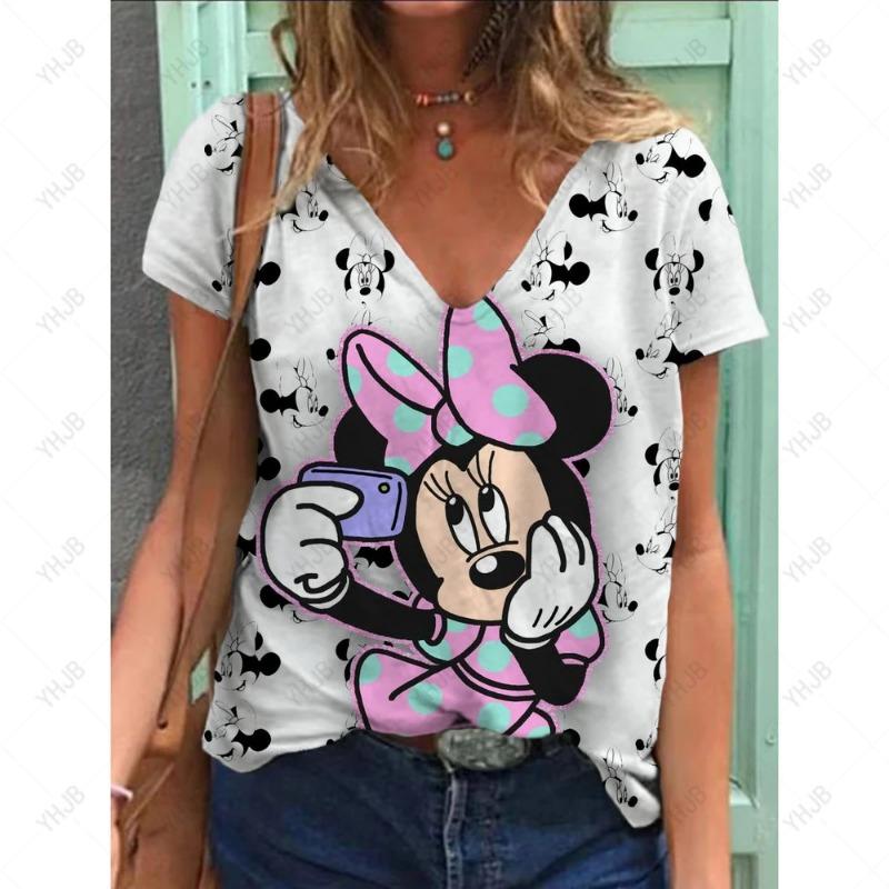 Letní Nové Dámské Tričko Disney Minnie Mickey Mouse Potisk Výstřih do V Krátký Rukáv Blůza Módní Nadměrná Trička Pro Ženy Top