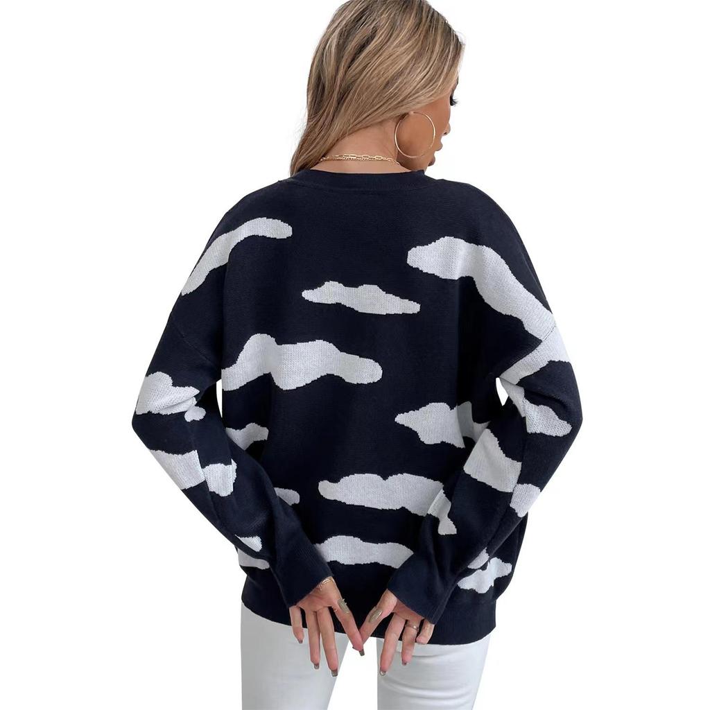 2025 Women's Versatile Jacquard Cloud Sweater: European & American Style, Long Sleeve, Round Neck Knitwear.