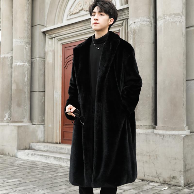 Men's Autumn and Winter Mink Fur Coat Long Knee-length Artificial Fur Coat Thick Plush Windbreaker Cotton Coat Trendy