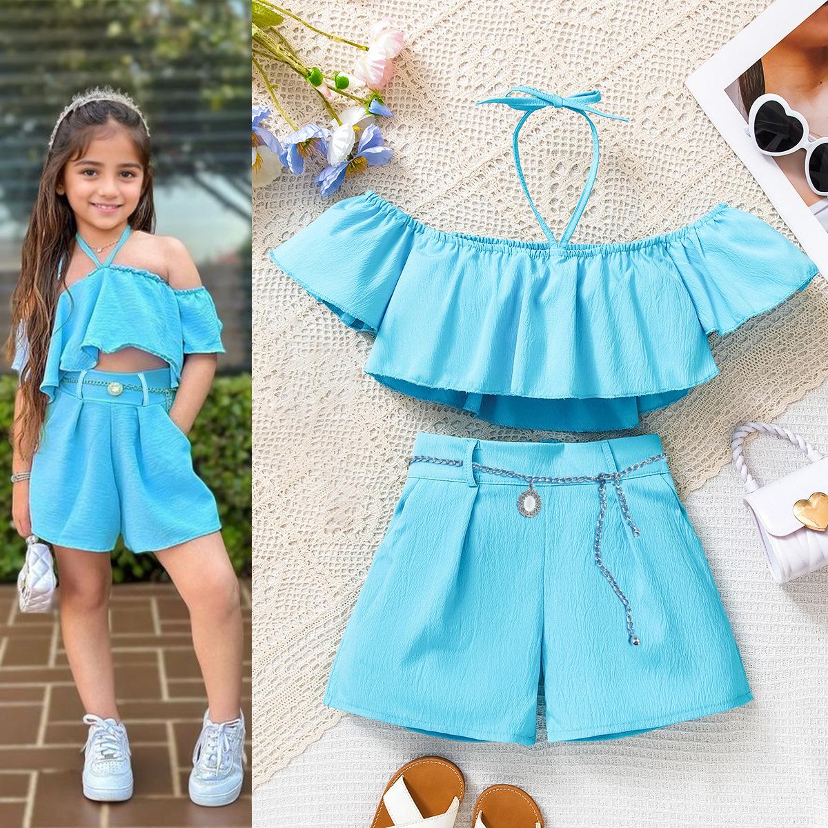

Повсякденний костюм для дівчаток Літній дитячий модний набір з двох частин на одне плече з короткими рукавами + шорти 6Y синій
