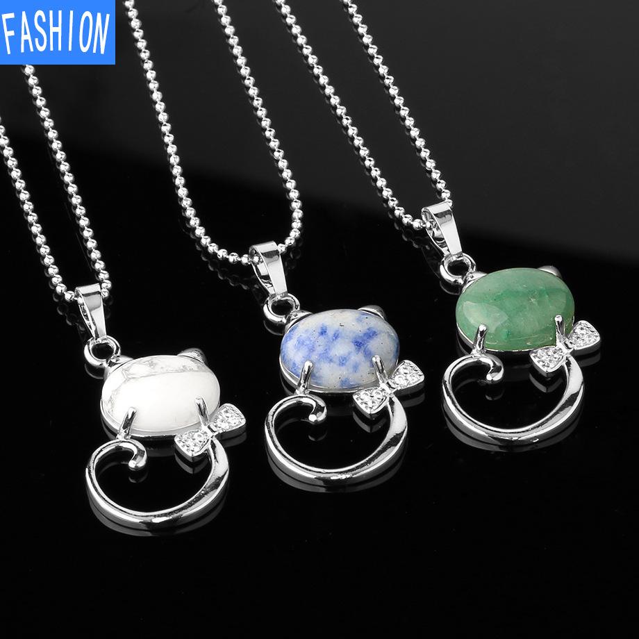 Natural Stone Cute Cat Pendant Multicolor Semi Gem Personalized Necklace