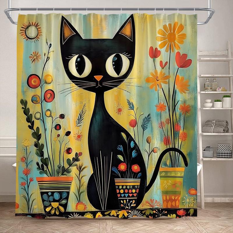 Funny Black Cat Shower Curtains Cute Animal Pet Floral Vintage Painting Art Modern Fabric Home Bathroom Decor Bath Curtain Set