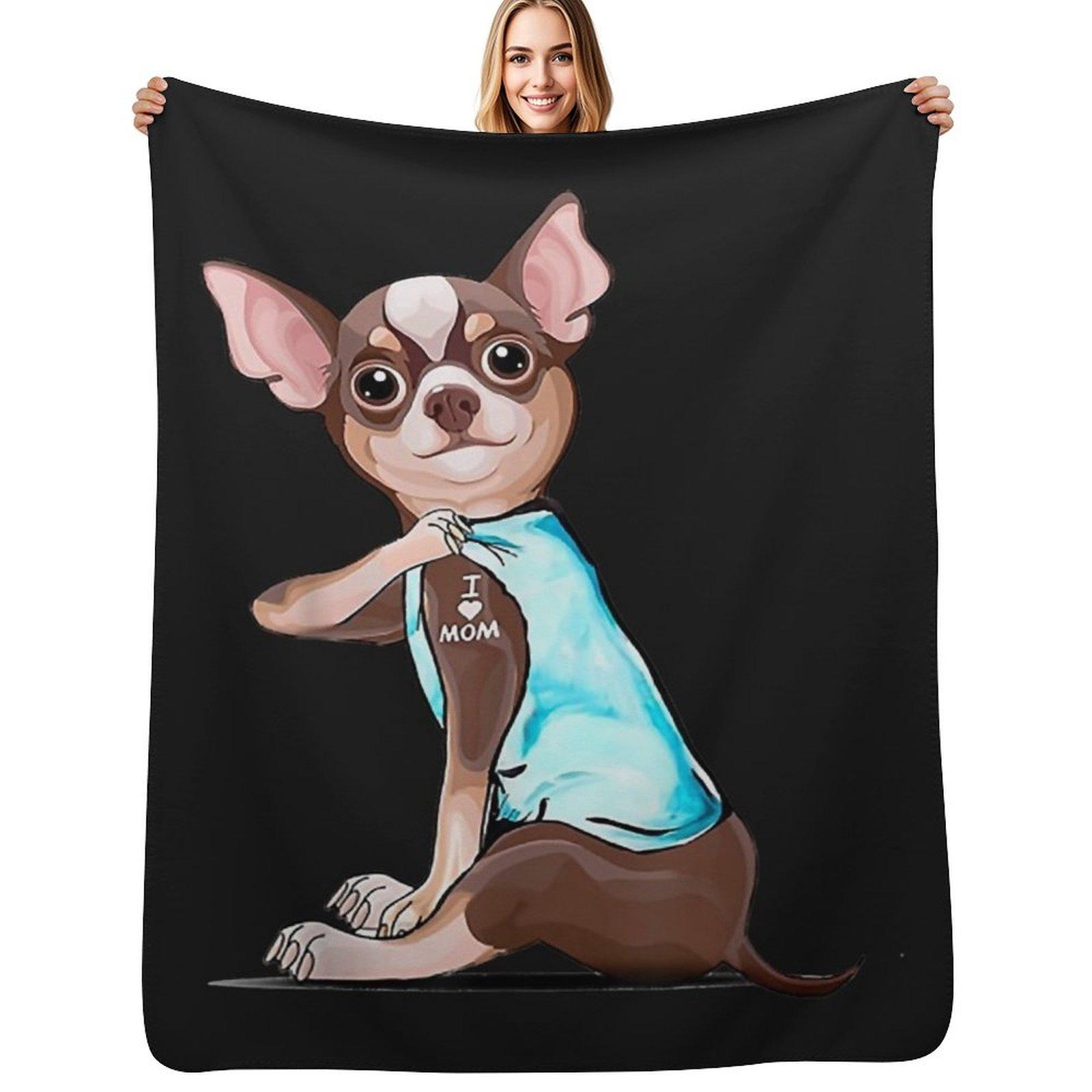 I Love Mom Funny Chihuahua Tattooed Throw Blanket Luxurious Soft Blanket Holiday Gift for Family Size: 75*100cm, Weight: 230 GSM