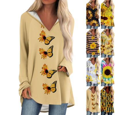 Tops femininos com decote em V, mangas compridas soltas, tops casuais, pijamas para lazer em casa