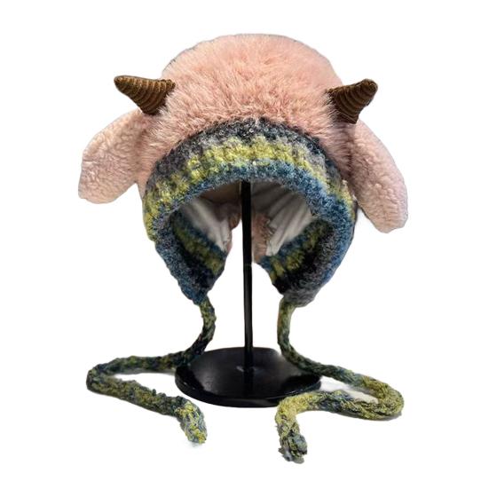Knitting Hat Windproof Warm Solid Color Elastic Thermal Lamb Ear Design Winter Hat Cold Weather Headwear
