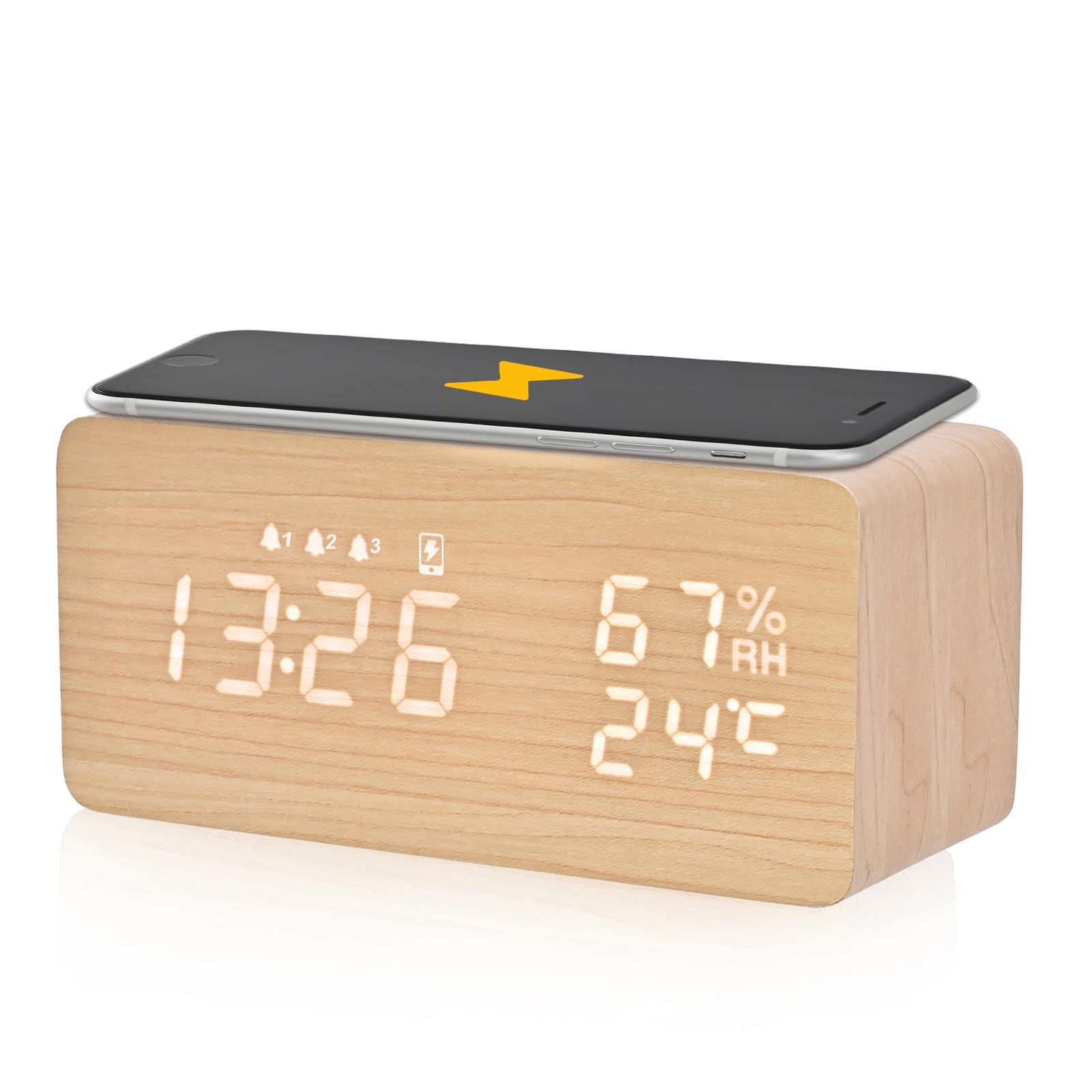 

Electime Alarm Desktop Smartphone Wood Qi Wireless Automatic Brightness USB Alarm Technical Standards Compliance Certified Clock, Clock, Charging, бежевый