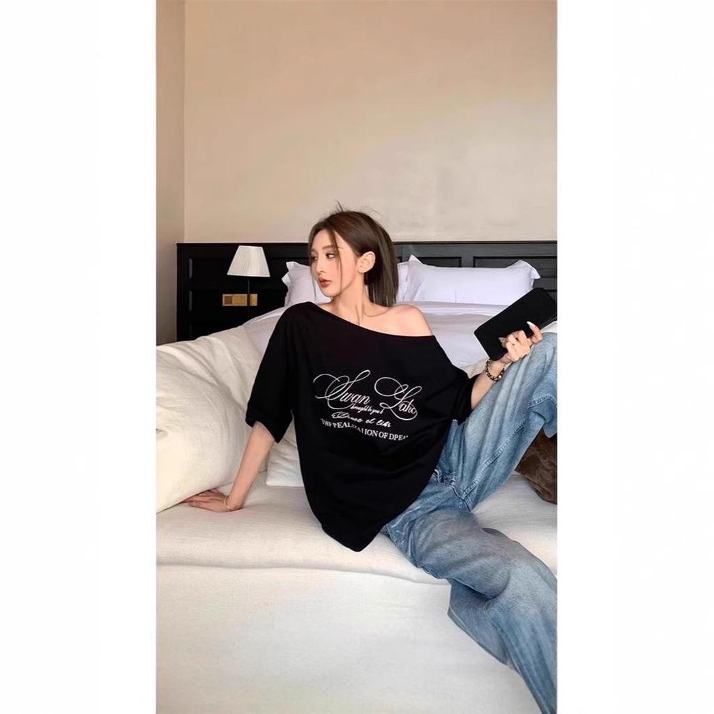 Women's Retro American Letter Print Off-Shoulder T-Shirt – Short Sleeves, Casual Loose Fit, Summer Style