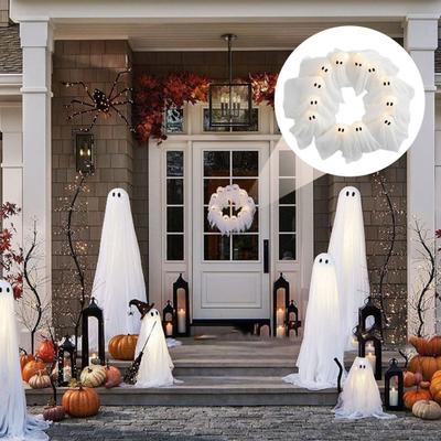 Halloween Ghost Wreath 12 Little Light-up White Ghost Wreath Front Door Hanging Decoration for Holiday Indoor Outdoor Wall Decor