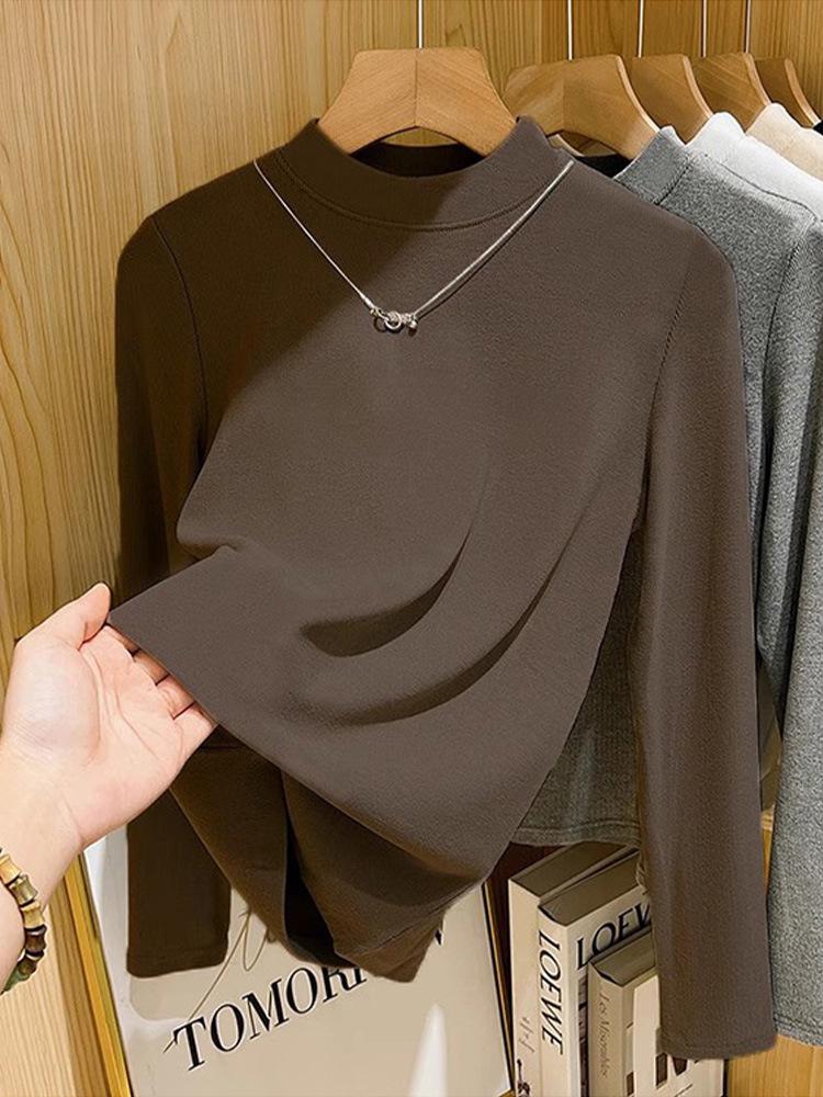Women's Long-Sleeve Casual T-Shirt - Stylish Thick Warmth, Half-High Collar for Autumn/Winter 2026 Trend