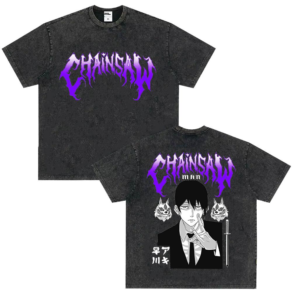 Japanese Anime Chainsaw Man Kobeni Metal Denji Tshirt Vintage Washed Manga Graphic T Shirts Unisex Couples Short Sleeve T Shirt