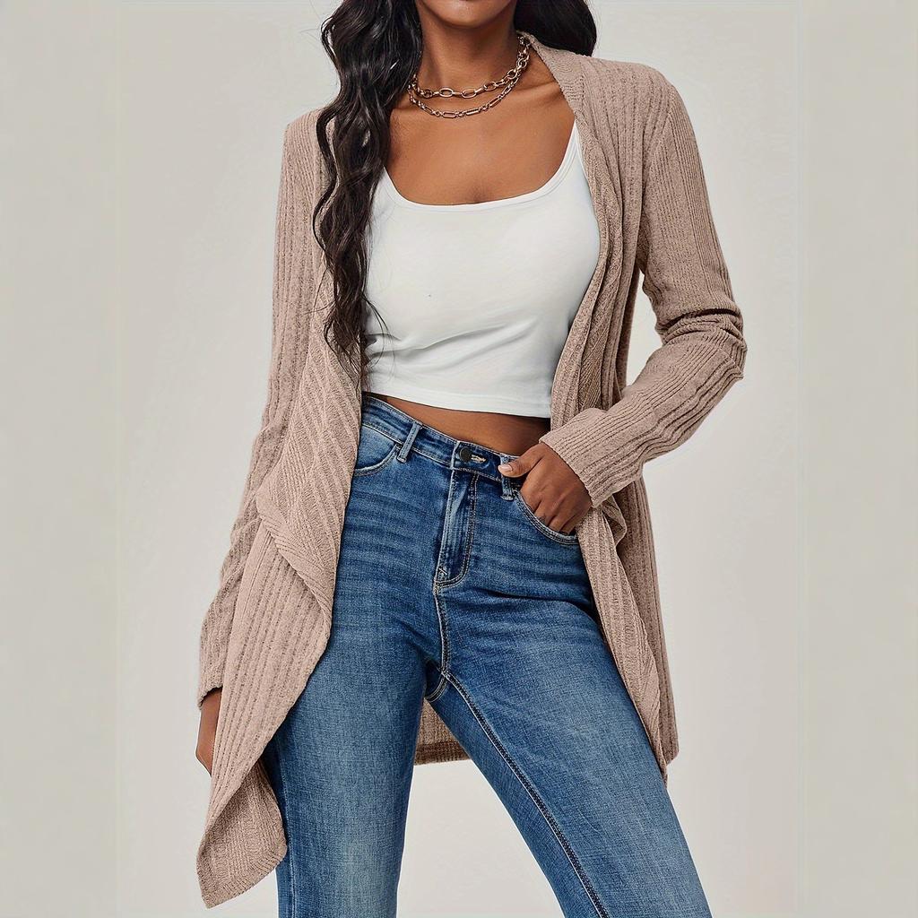 Amazon autumn and winter cross-border new European and American fashion women's solid color ribbed knitted cardigan cardigan long-sleeved sweater
