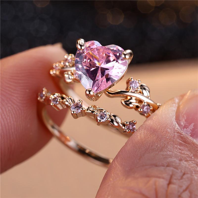 Female Crystal White Zircon Stone Heart Engagement Ring Set Luxury Gold Color Wedding Jewelry For Women