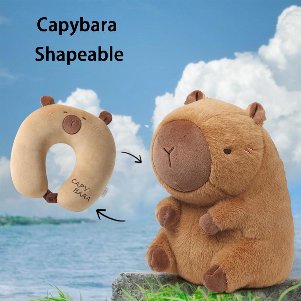 Nackenkissen Flugzeug 2 in 1 Capybara Plüsch Schlafkissen U-Form Nackenstütze Reisekissen für Erwachsene Kinder Flugzeug Auto