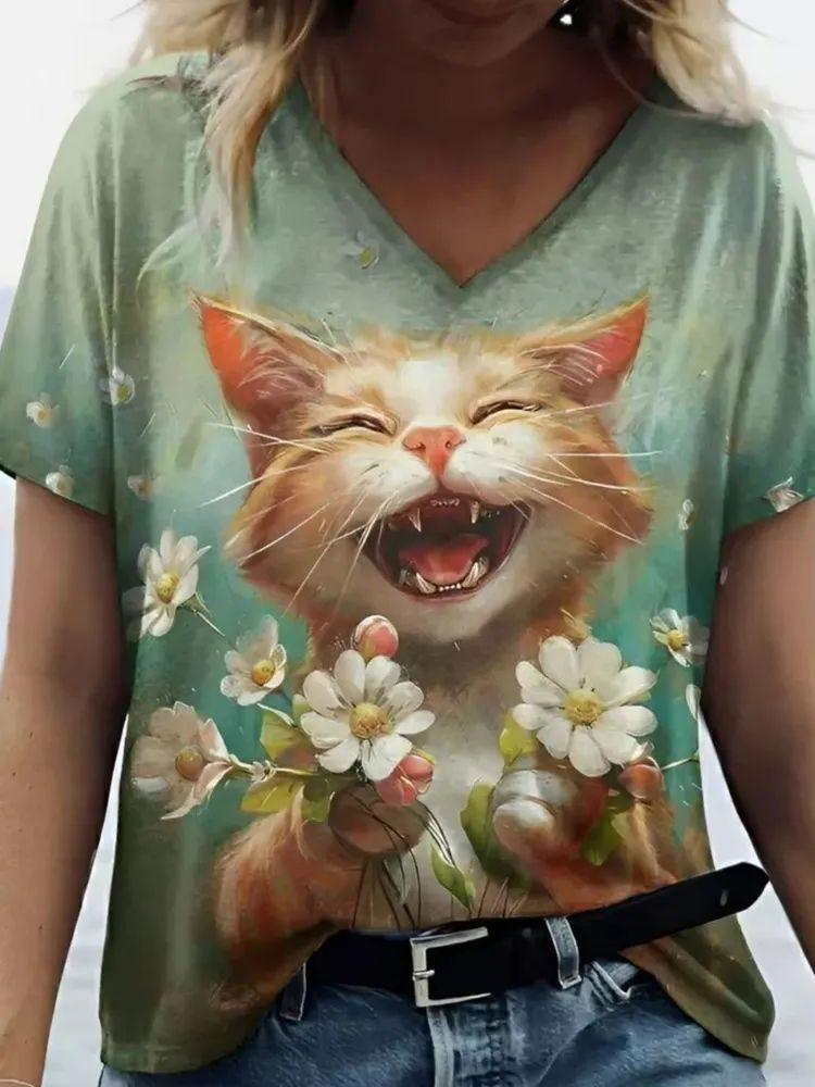Neue Süße Katze Tier 3D Druck T-Shirts Mode Damen V-Ausschnitt Kurzarm T-Shirt Y2k Harajuku T-Shirts Lässige Oberteile Damenbekleidung