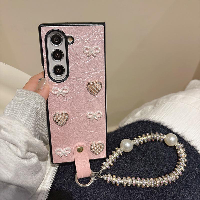 Bow Shaped Heart-shaped Leather Phone Case for Samsung Zflip6 Flip Folding Screen, Fold Bracelet Pocket