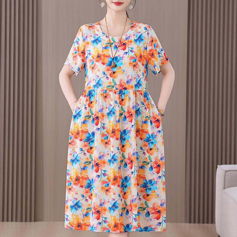 Plus Size Women's Summer Dress Elegant Loose Short Sleeve Long Dress Female Vintage Clothes