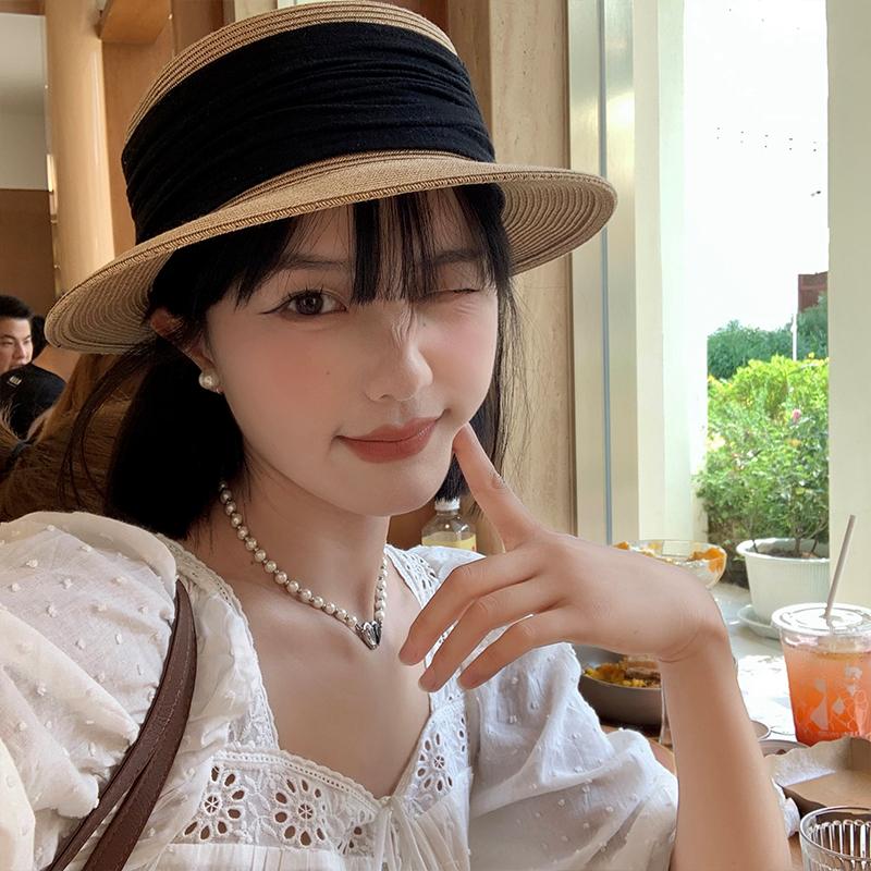 Flat Top Small Edge Wide Ribbon Sun Hat Sun Protection Seaside Vacation Straw Hat Versatile Shopping Hat Women