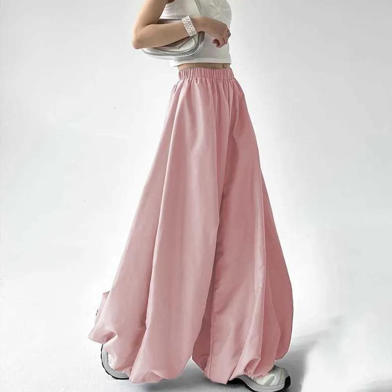Female Summer Retro Loose-Fit Bell-Bottom Pants with Elastic Waistband, Flowing Drape, Casual Ice-Silk Wide-Leg Pants Skirt
