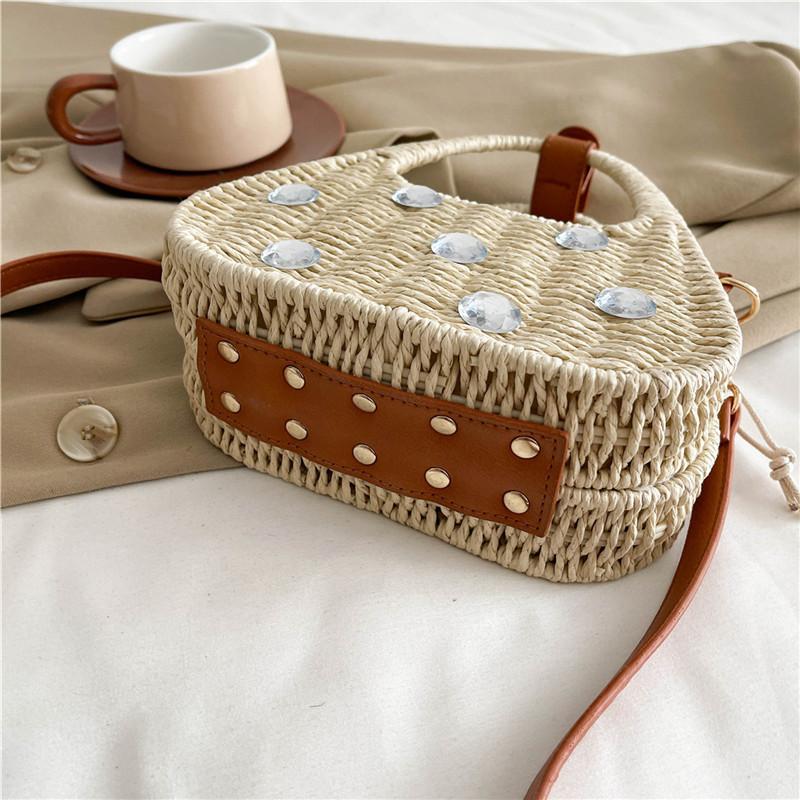 Personalized Handbag New Woven Straw Popular Handmade Fashion One Shoulder Niche Large Rhinestone Messenger Women's Bag
