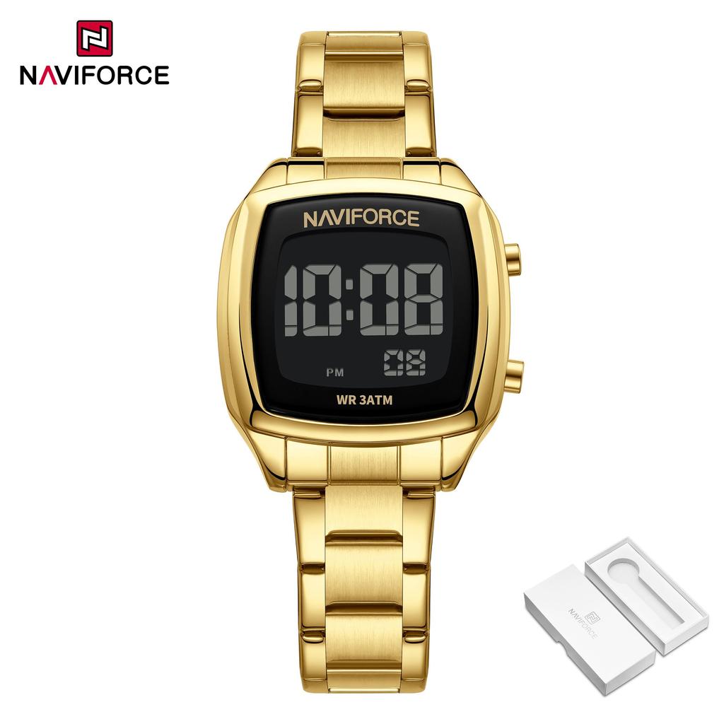 NAVIFORCE Women Digital Waterproof Watch Casual Sport Multifunction Stopwatch Gold Square Luminous Date Dial Stainless Steel Strap NF5047