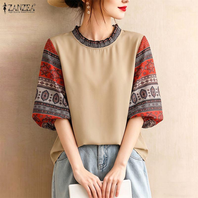 ZANZEA Women Ethnic Print Splice Round Neck Loose Half Sleeve Blouse