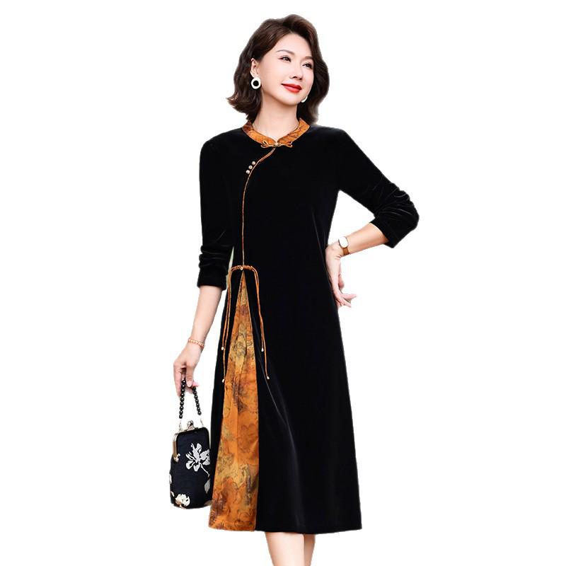 Mother's Wear: New Spring & Autumn 2026 Chinese Style Gold Silk Velvet Qipao Dress for Middle-Aged & Elderly Women
