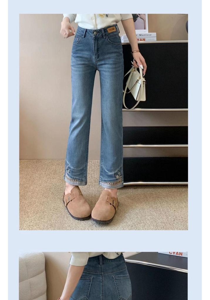 Women's High Waist Embroidered Retro Pipe Jeans - Spring/Autumn 2025 Slim Cropped Straight Leg Pants