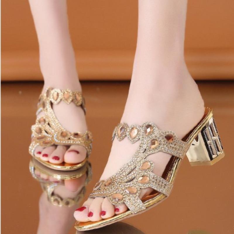 Fashion Slippers for Women Luxury Designer Rhinestone Slipper Summer High-heel Shoes for Women Fashion Casual Beach Shoe Sandalias Mujer