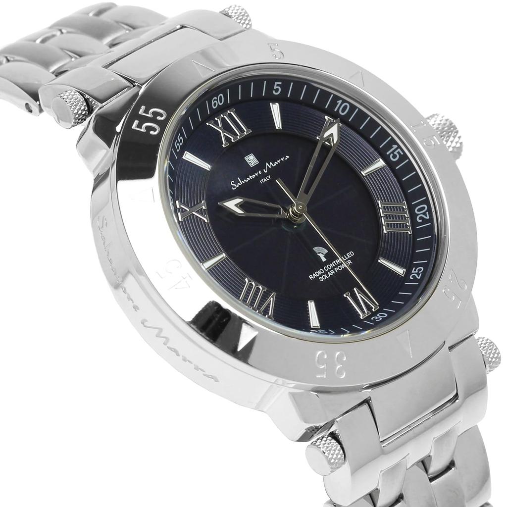 Salvatore Marra Solar Business and Formal and Blue Men's Radio-Controlled Watch, Wear, Silver, Navy,