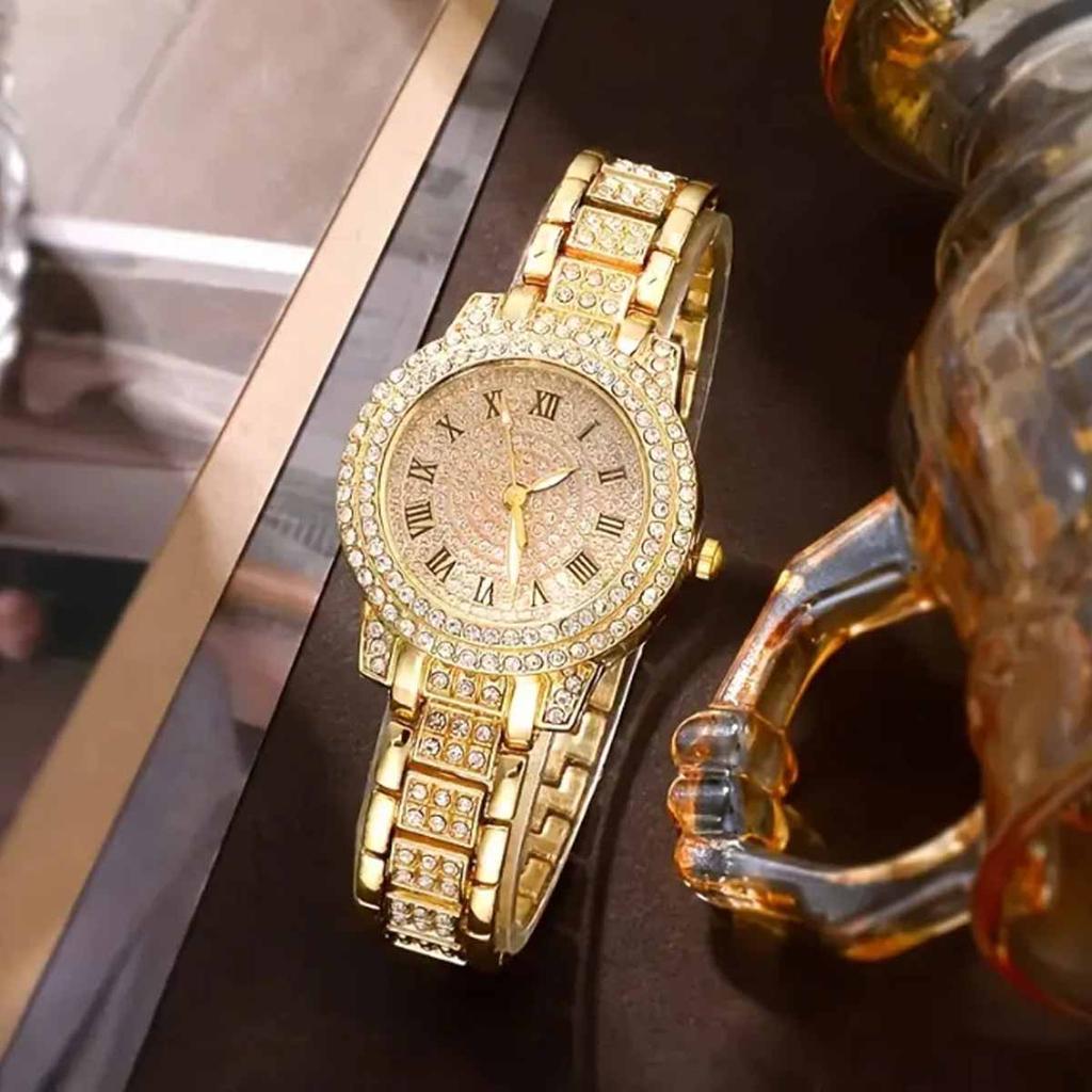 1pc-Ladies' Diamond Inlaid Quartz Watch, Rose Gold Roman Numeral Full Diamond, Niche Style