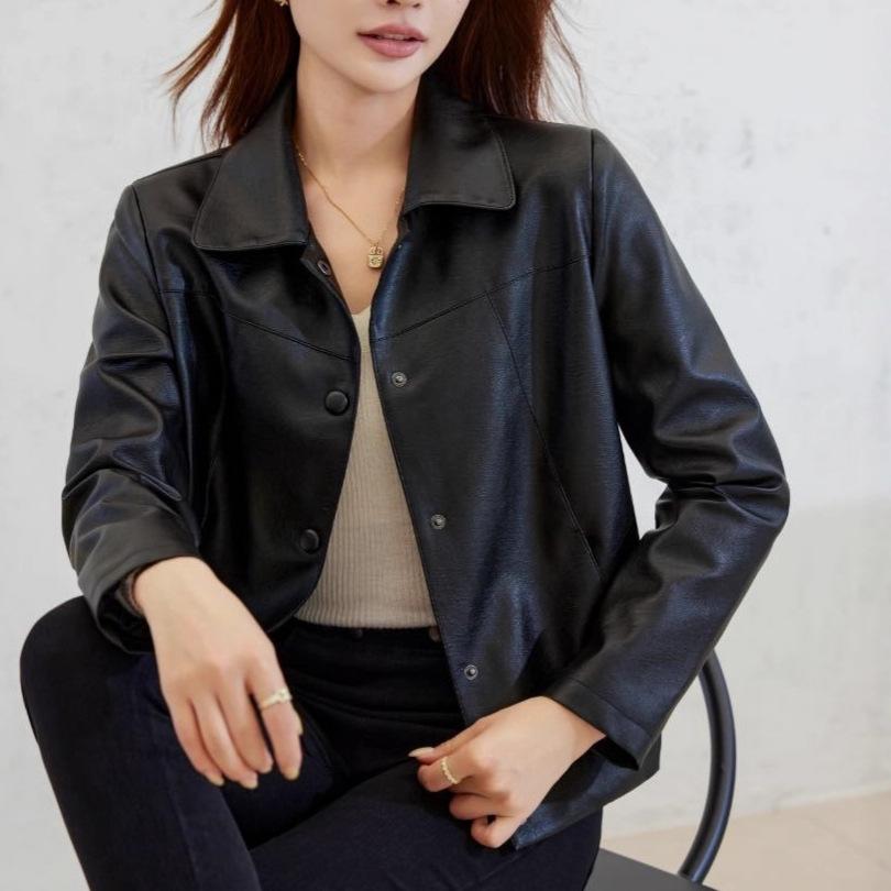 Women Autumn Winter Casual Short PU Leather Jackets Black Square Collar Leather Jacke Temperament Biker Top