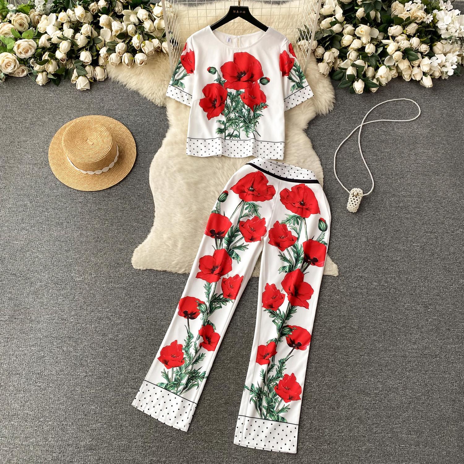 

Летняя брендовая блузка с коротким рукавом с принтом розы, рубашка и брюки, модный винтажный комплект из 2 предметов, женские дизайнерские наряды M красный