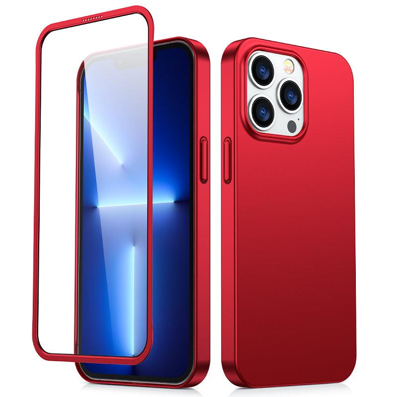 Case cover for iPhone 13 Pro, front and back cover, tempered glass, red
