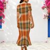 Women Plus Size V Neck Short Sleeve Plaid Printed Fitted Fishtail Midi Dress