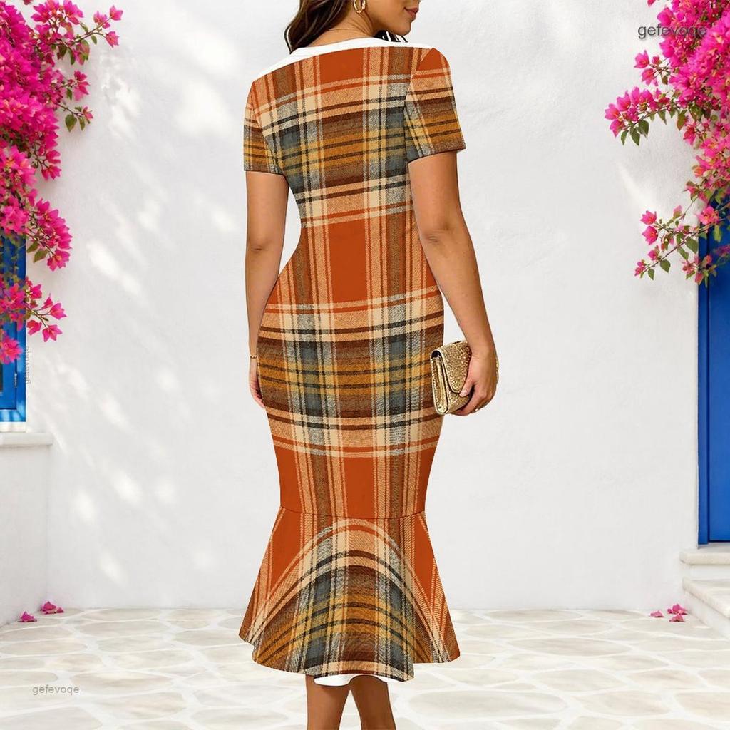 Women Plus Size V Neck Short Sleeve Plaid Printed Fitted Fishtail Midi Dress