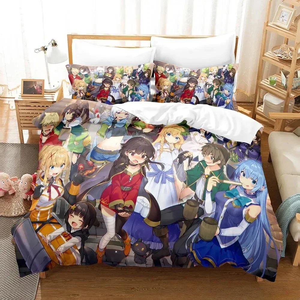 Trendy Lightweight King KonoSuba Cartoon Anime Three Piece Adult Kid Bedroom Sets 3D Print Kawaii Girls Size Bed Quilt