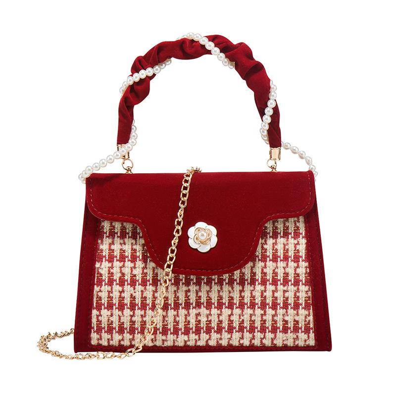Red Bride's Wedding Bag, Women's New Style Bag, Women's High-end Sense, Chain Tea Flower Handbag, Crossbody Women's Bag