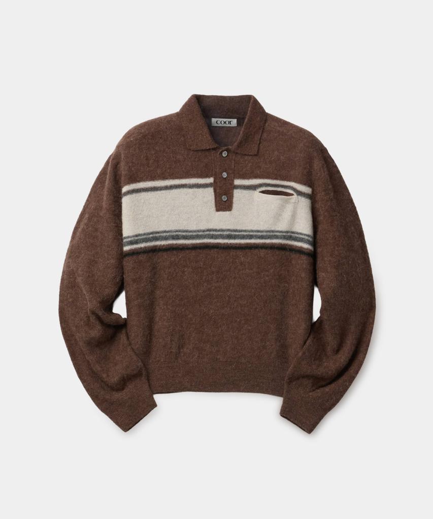 COOR Alpaca Blend Striped Polo Sweater (Melange Brown)