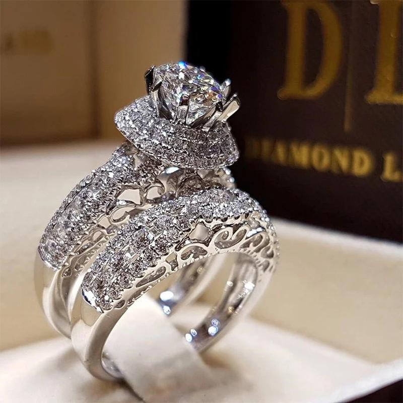 2 PCS/Set Series ! Trendy Milangirl White Crystal Round Ring Set For Women Girls Wedding Engagement Party Fashion