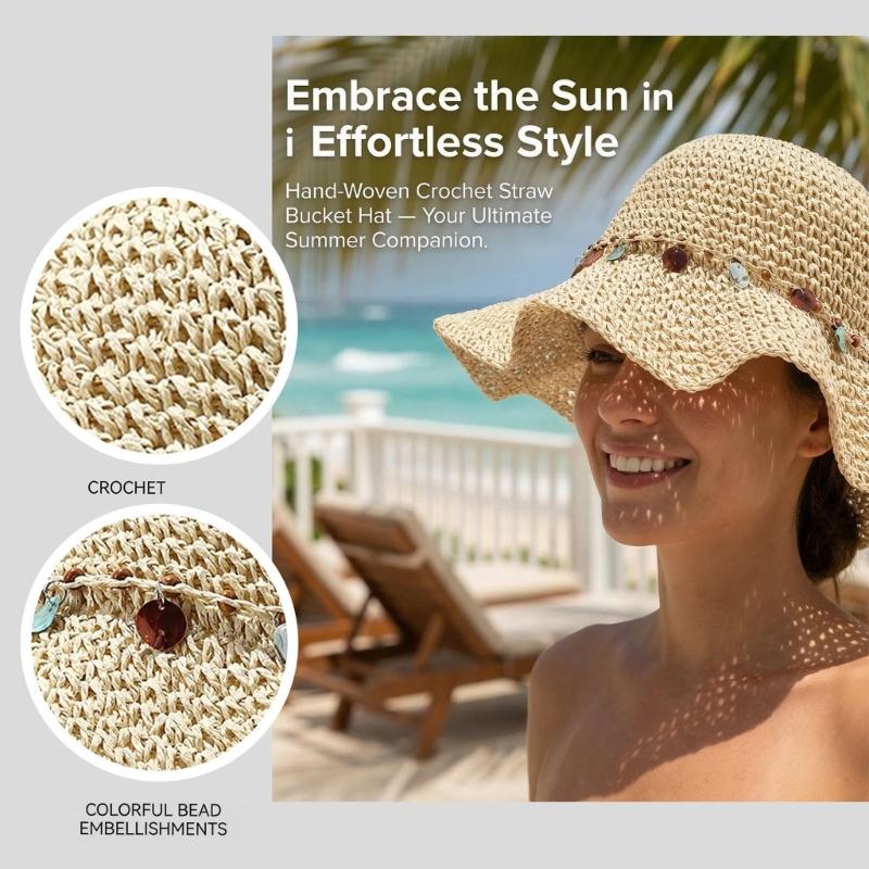 Elegant Hand Crocheted Paper Straw Sun Hat Women Breathable Wide Border Beach Hat Summer Outdoor Travel Accessory