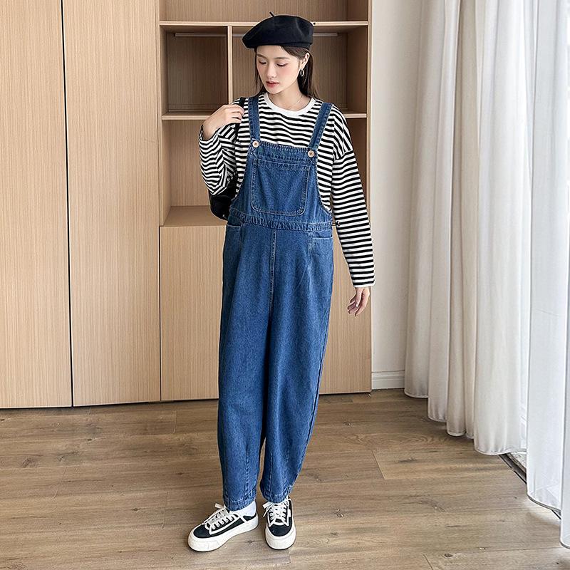 Autumn 2025 Retro Blue Maternity Denim Overalls - Slimming and Loose Fit Large джинсовый синий