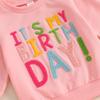 Toddler Girl Birthday Outfit Letter Embroidery Long Sleeves Crew Neck Pullover with Solid Long Pants 2 Pcs Set