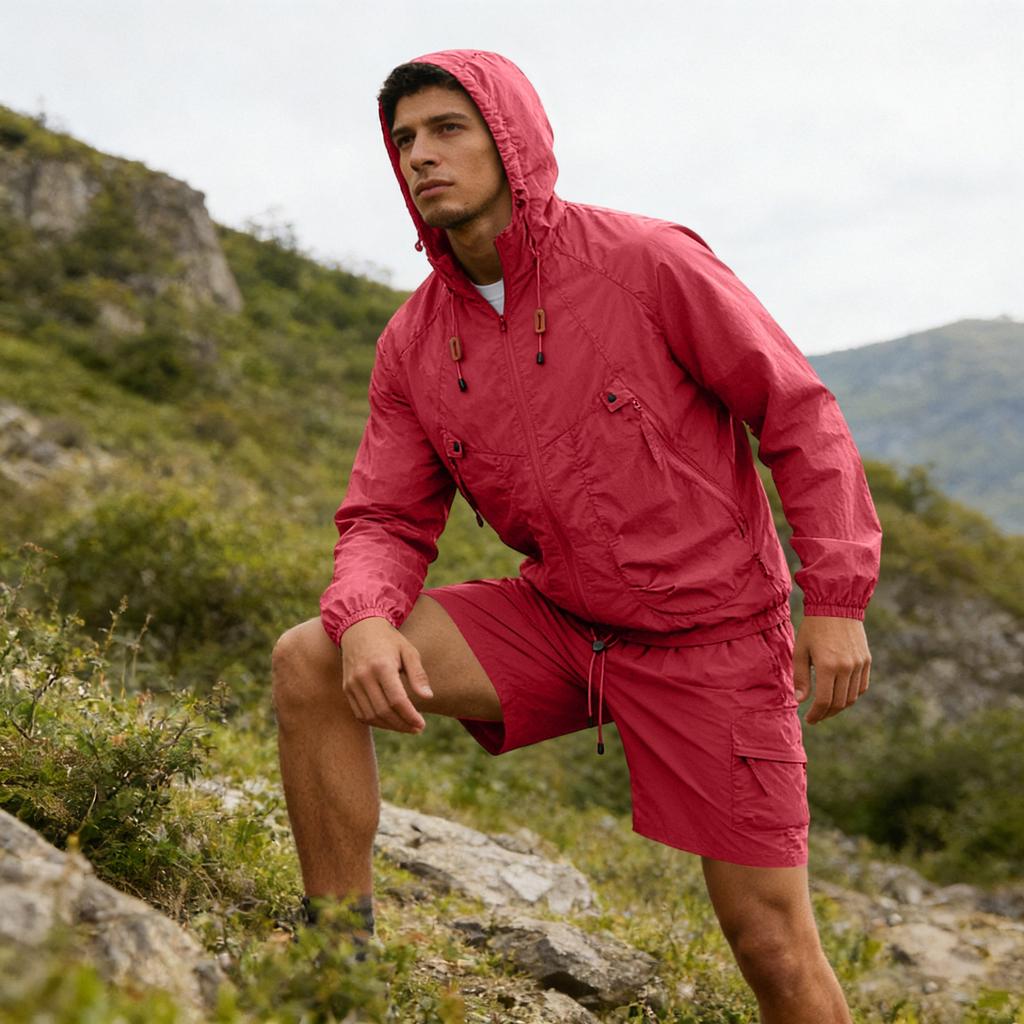 Men's Silk Quick-drying Hooded Coat With Sun , Thin , Casual Sports Sun Clothing, Shorts + Long-sleeved Set
