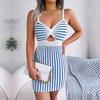 Frühling Sommer Sexy Einfarbig Kontrast Streifen Hohe Taille Gestrickte Strap Wrap Hüfte Kleid