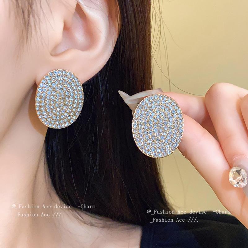 Silver Needle Diamond Elliptical Geometric Stud Earrings Niche Light Luxury Design Earrings Dress Versatile Premium Earrings