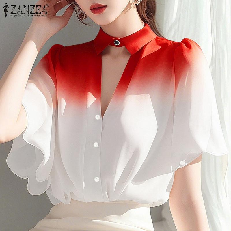 

ZANZEA Women Casual Hollow Round Neck Summer Short Sleeve Blouse 5XL хакі