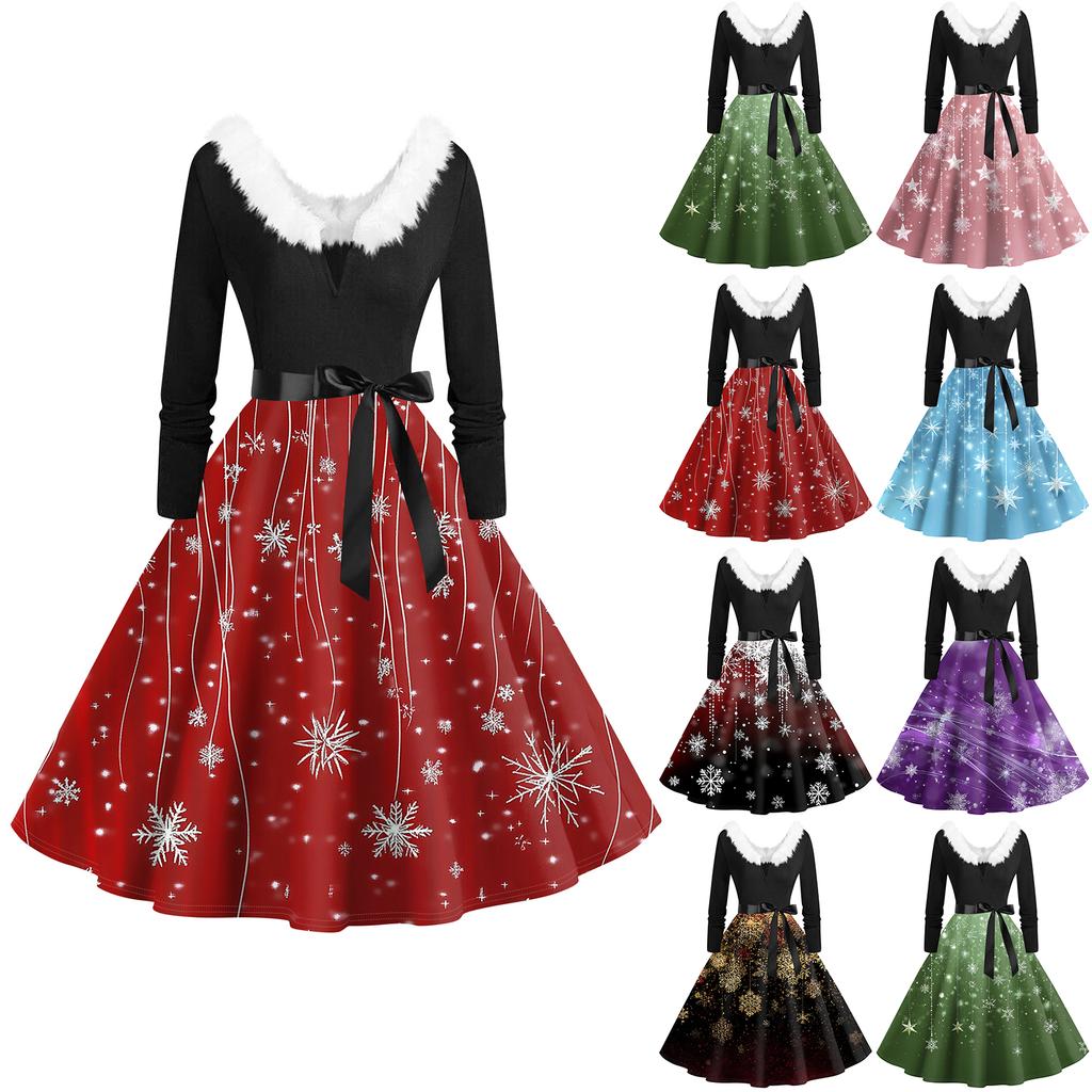 Women's Fashion V-Neck Casual Slim Christmas Printed Long Sleeve Hair Collar Dresses