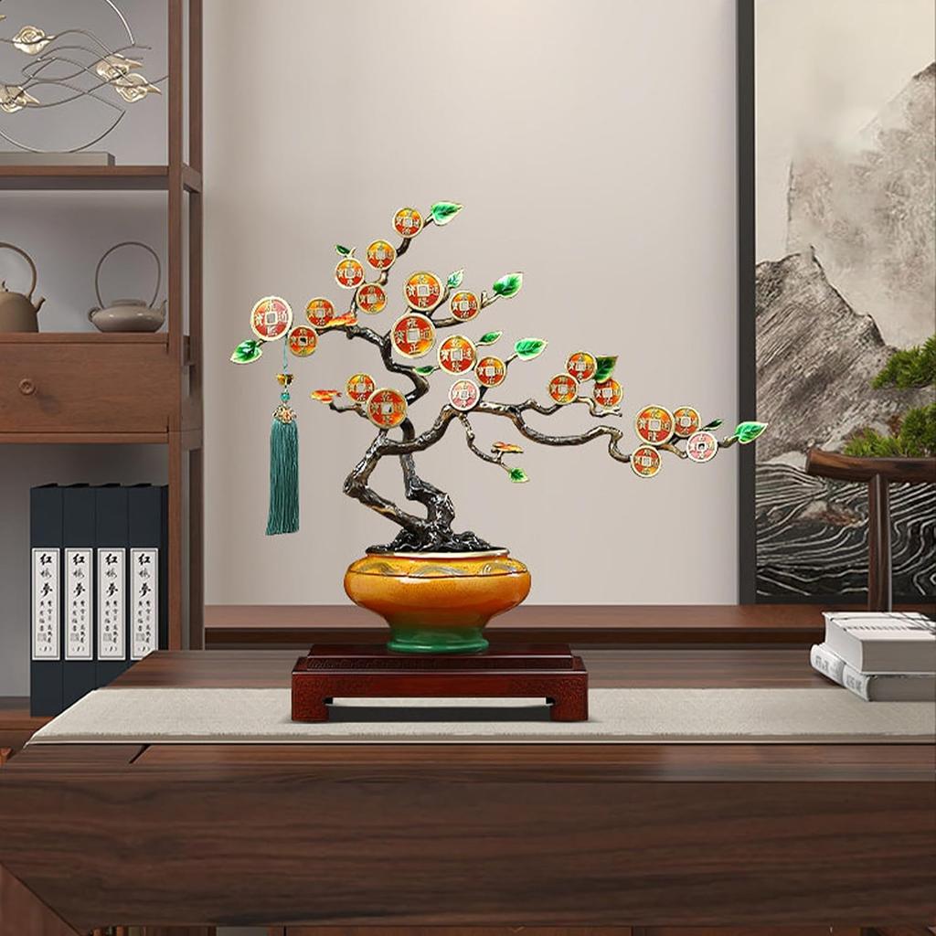 Aris & Juno Hand-Painted Copper Money Tree Sculpture, Traditional Chinese Wealth & Prosperity Symbol Statue, Feng Shui Office Desk Home Living Room