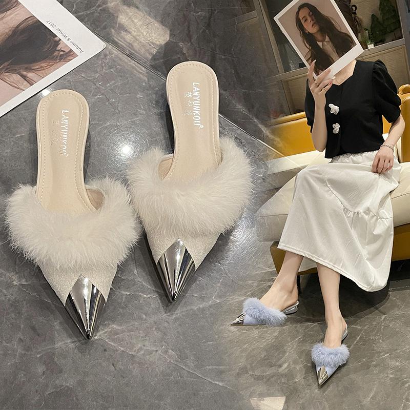 Fashion 2025 NEW High Quality Simple Fashionable Pointed Toe Block Heel Slippers Indoor Outdoor Wear Comfortable Half Slippers