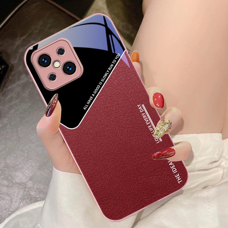 Leather Grid Element For Oppo Find X5 X8 Pro X3 Lite A72 58 73 54S F11 79 Reno 6 4Z 5G Nord N200 Tempered Glass Phone Case